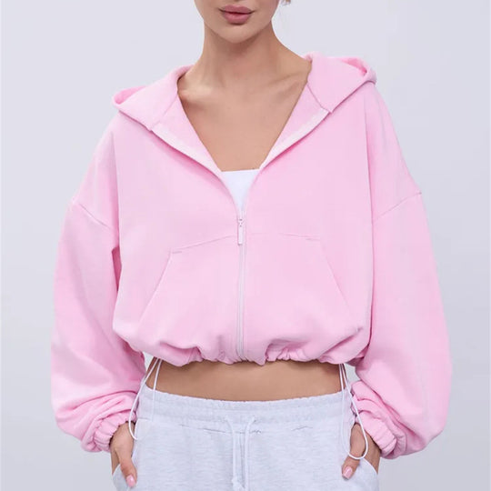 Damen legeres Cropped-Fleece-Hoodie mit Tunnelzugbund, Raglanärmeln und Reißverschluss Shop Nory