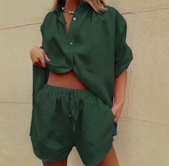 Damen lässiges Leinen-Pyjama-Set mit komfortablem Schnitt