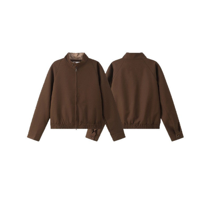 Unisex Kurz geschnittene Blousonjacke mit Stehkragen, elastischem Saum und kariertem Kragenfutter Shop Nory