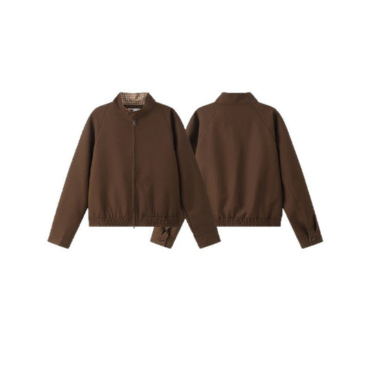 Unisex Kurz geschnittene Blousonjacke mit Stehkragen, elastischem Saum und kariertem Kragenfutter Shop Nory