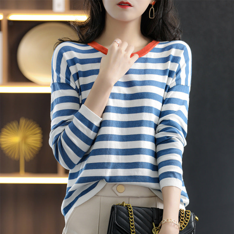 Damen Maritim-inspiriertes gestreiftes Feinstrick-Shirt mit weitem Boot-Ausschnitt und Kontrastkante Shop Nory