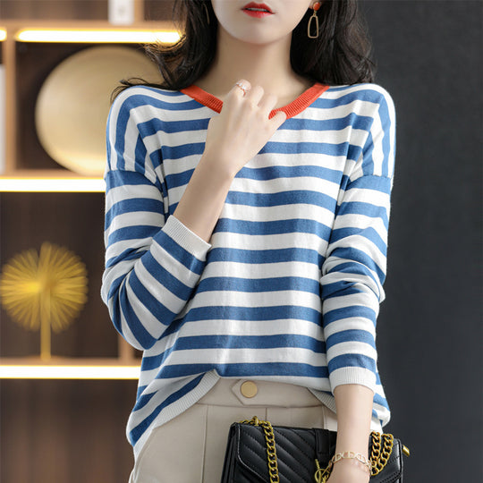 Damen Maritim-inspiriertes gestreiftes Feinstrick-Shirt mit weitem Boot-Ausschnitt und Kontrastkante Shop Nory