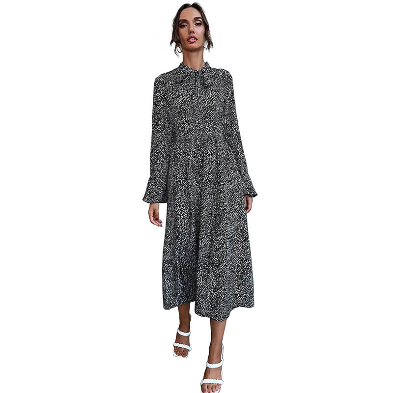 Damen Midikleid mit Stehkragen und Bindeschleife, Langarm A‑Linie mit feinem Pünktchenmuster Shop Nory