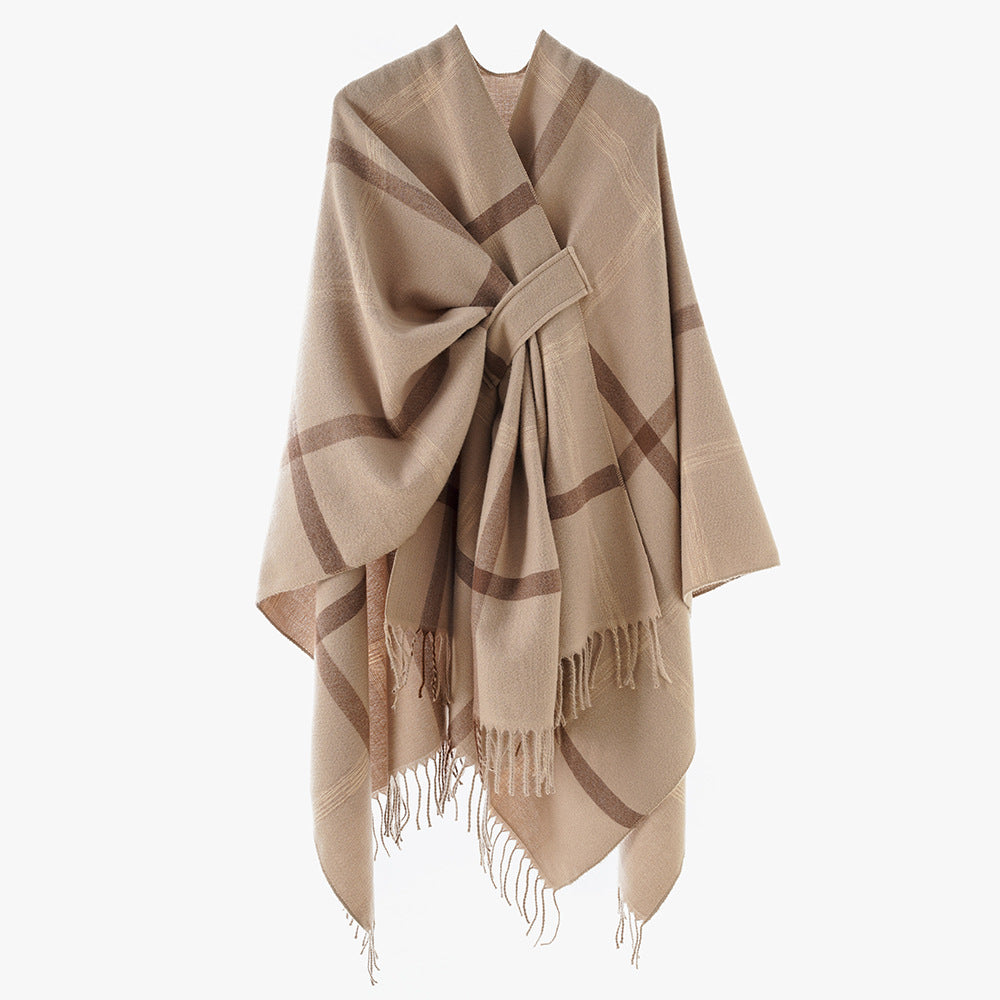 Damen Cape‑Poncho mit integriertem Bindegürtel, kastiger Oversize‑Silhouette und Fransensaum Shop Nory