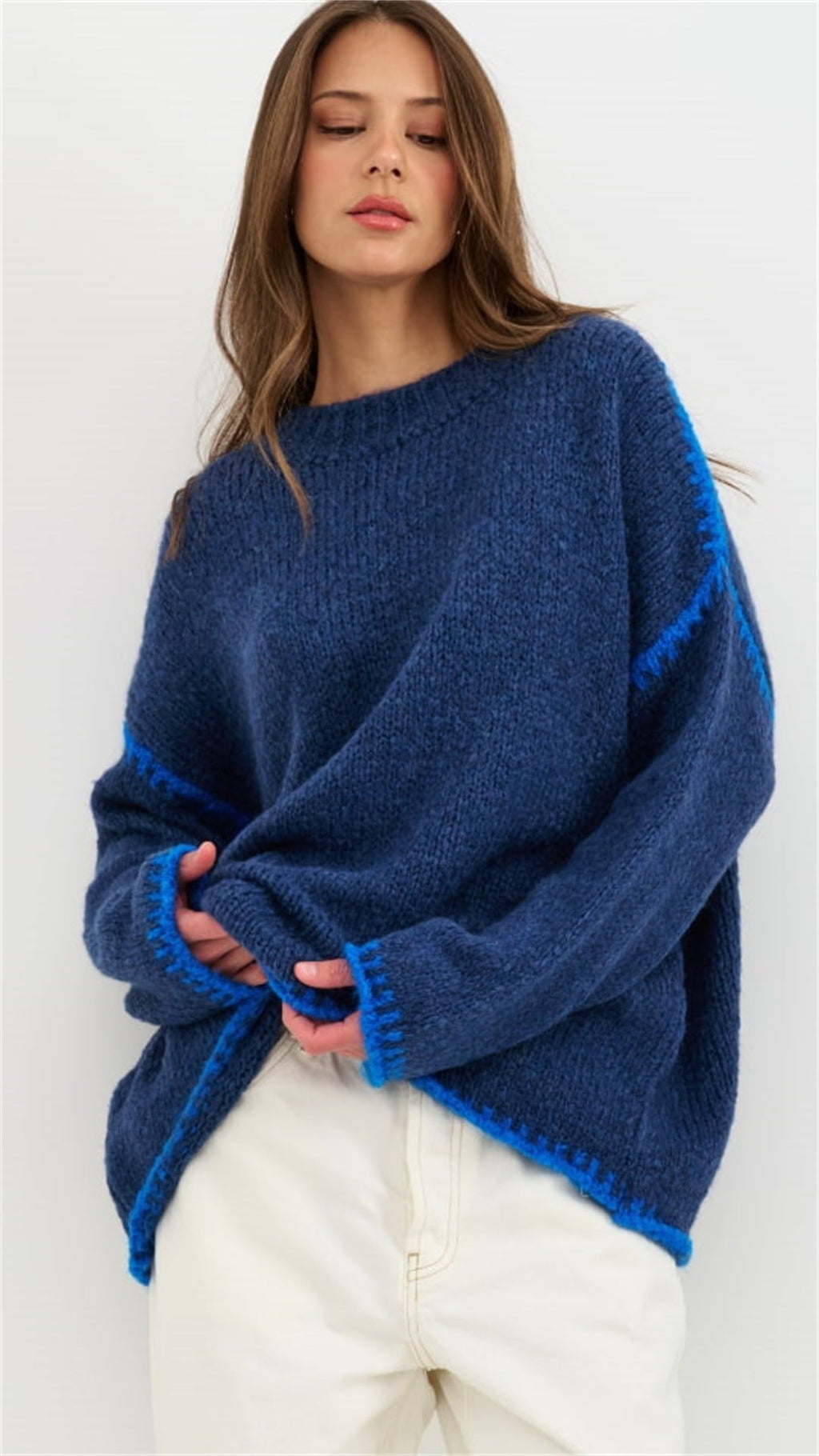 Damen kuscheliger Strickpullover mit kontrastierenden Akzentdetails