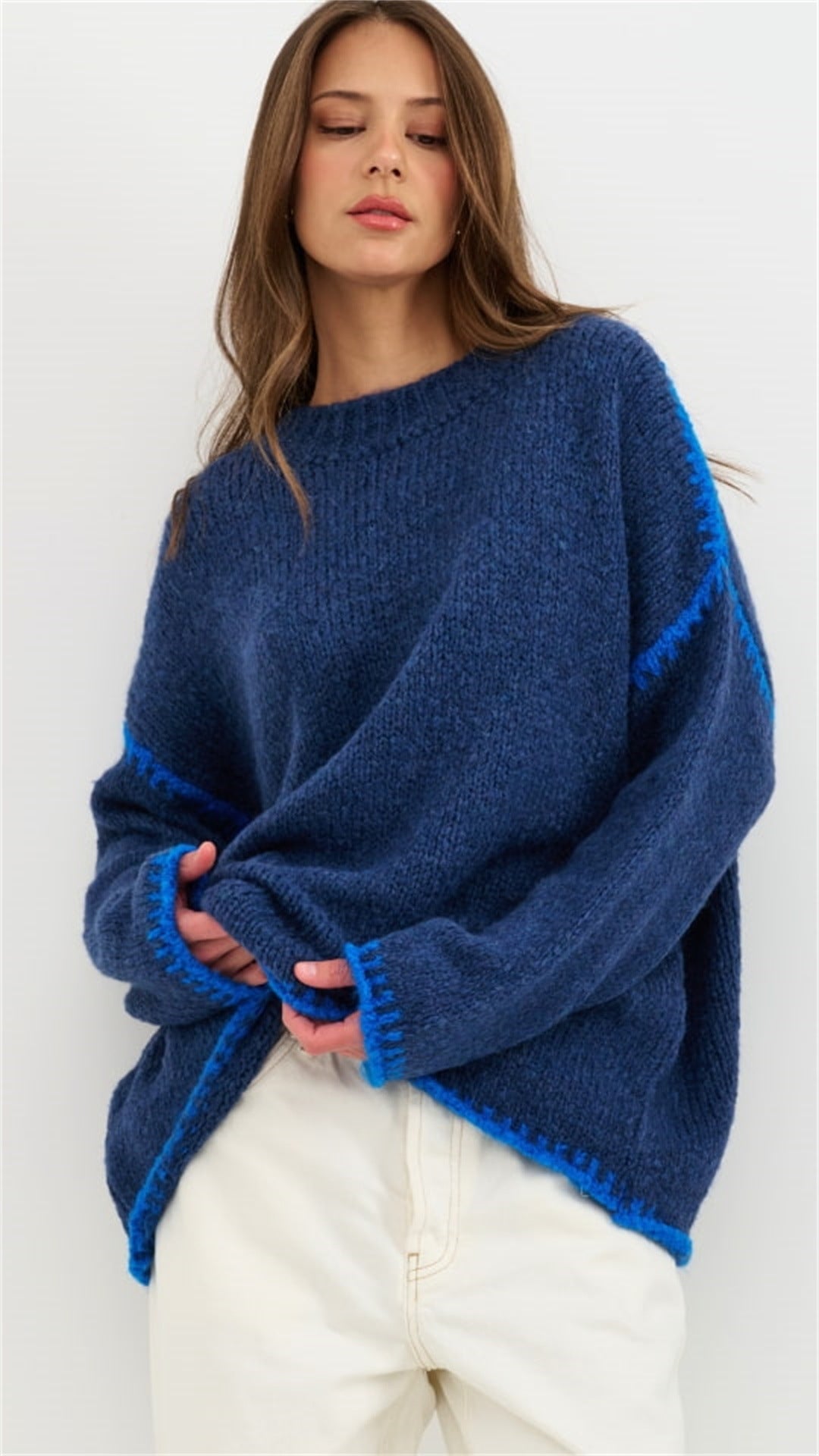 Damen kuscheliger Strickpullover mit kontrastierenden Akzentdetails