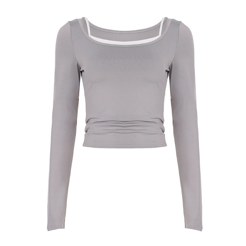 Damen nan tailliertes Longsleeve-Cropped-Top mit eckigem Ausschnitt und doppelten Spaghettiträgern Shop Nory