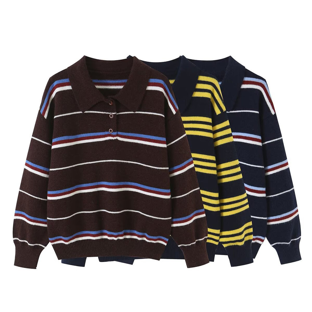 Damen Gestreifter Strickpolopullover mit kurzer Knopfleiste und Rippbündchen Shop Nory