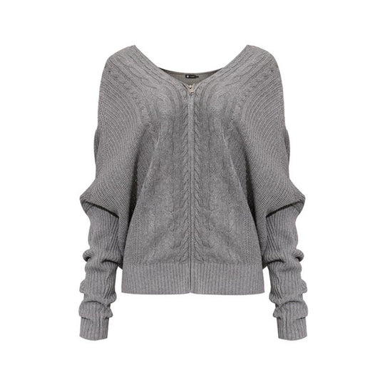 Damen figurnahe Zopfmuster-Strickjacke mit durchgehendem Reißverschluss und weitem V-Ausschnitt Shop Nory