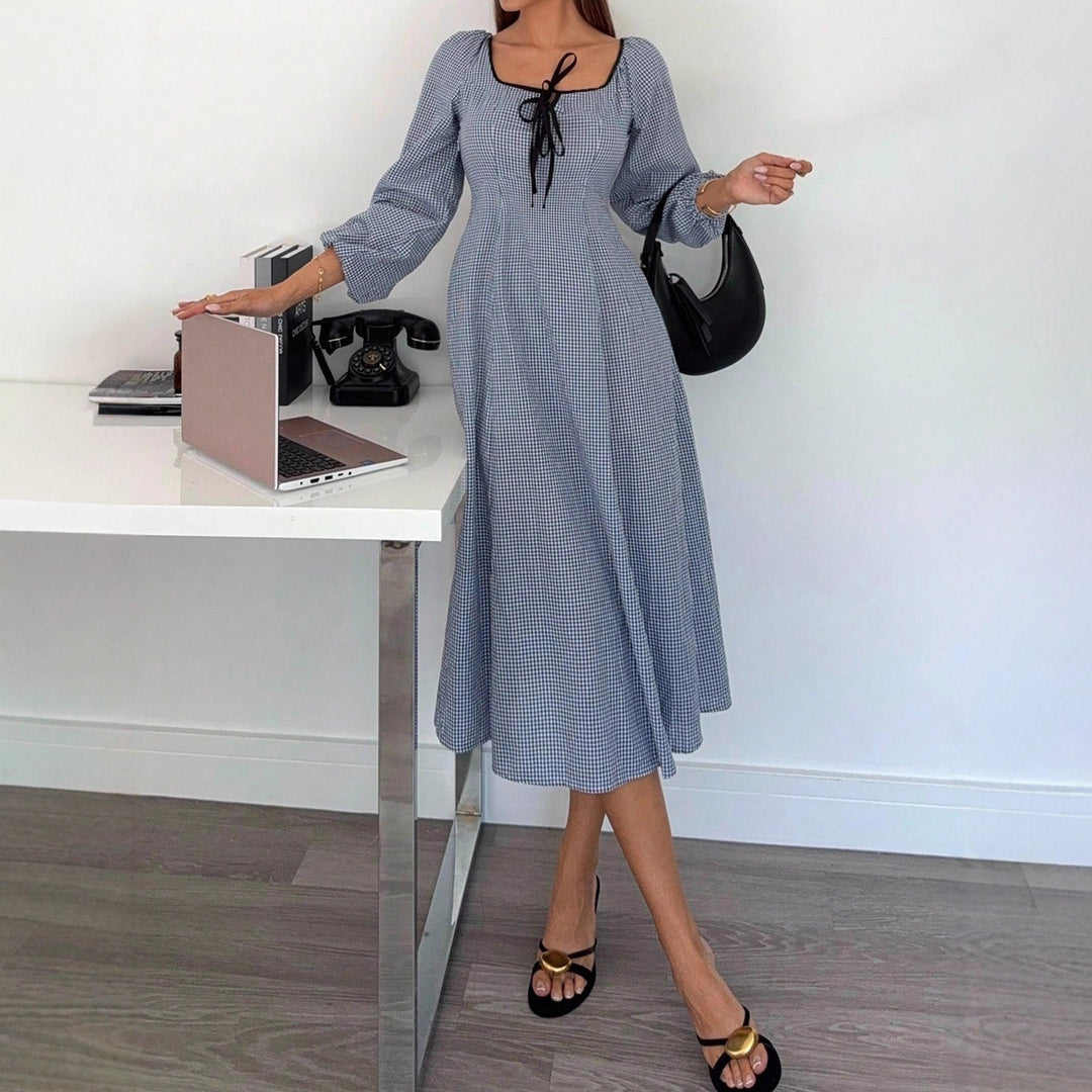 Damen Maxikleid mit Vichy-Karo, Quadrat-Ausschnitt, Taillenraffung und Ballonärmeln Shop Nory