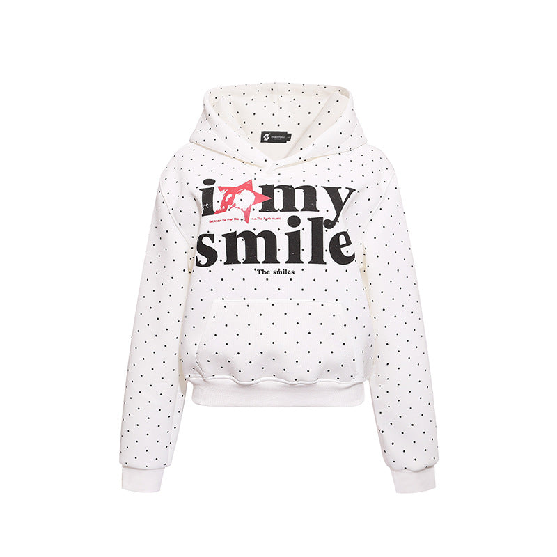Damen Kapuzen-Sweatshirt mit Punktmuster, Kängurutasche und großflächigem Typo‑Print Shop Nory