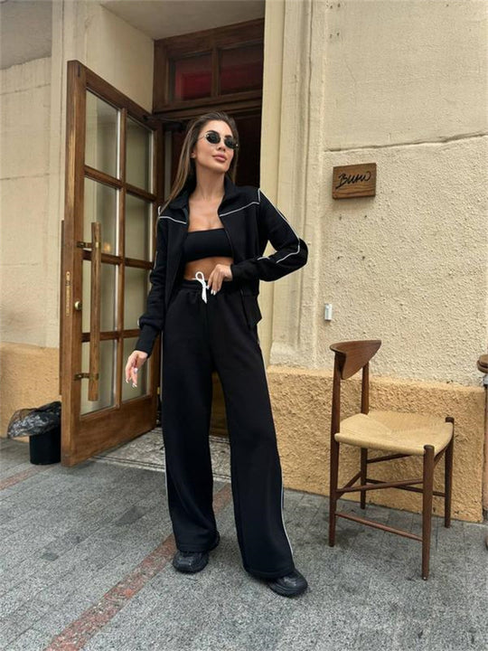 Damen Zweiteiliges Jogginganzug-Set mit Stehkragen, Kontrastpaspel und weitem Bein Shop Nory
