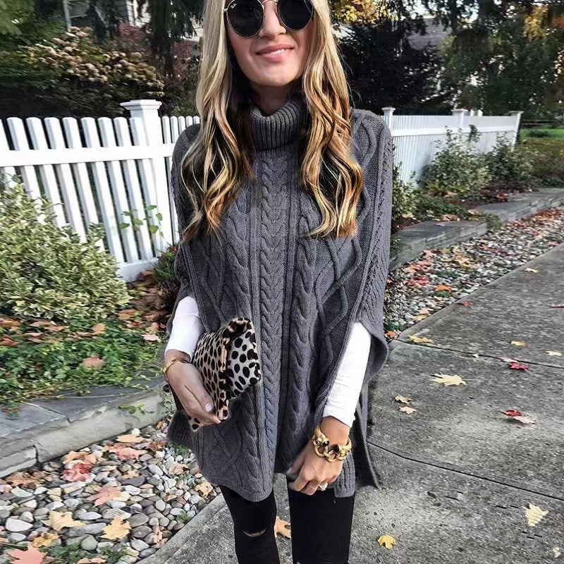 Damen nan kastiger Strickponcho mit hohem Rollkragen, Zopfstruktur und seitlichen Schlitzen Shop Nory
