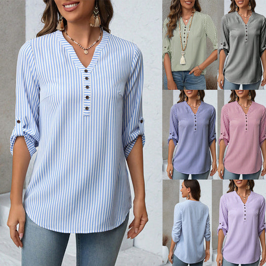 Damen Gestreifte V-Ausschnitt Tunika-Bluse mit Knopfleiste und krempelbaren Dreiviertelärmeln Shop Nory