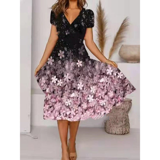 Damen A-Linie Sommerkleid mit V-Ausschnitt und floralen Akzenten