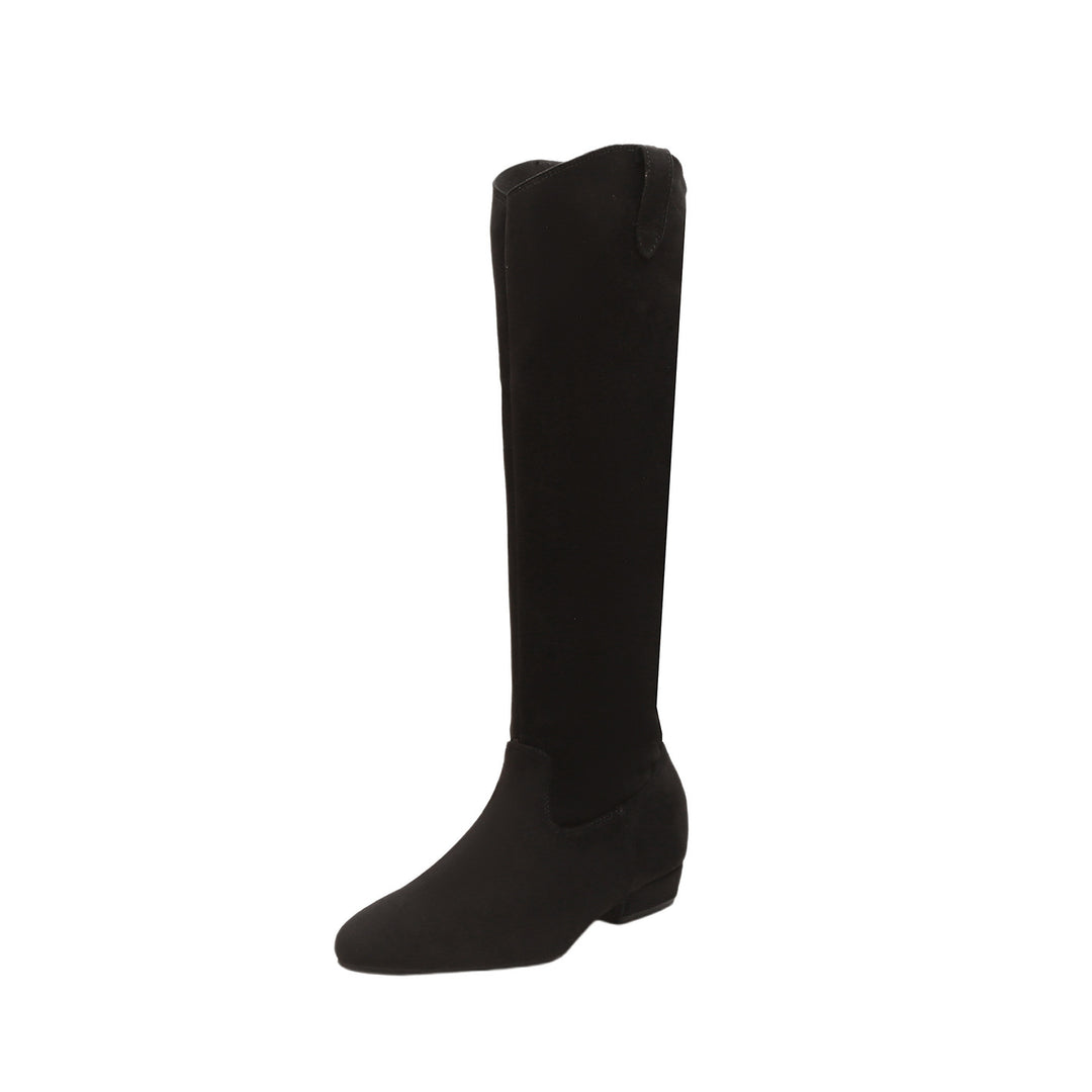 Damen Kniehohe Slouch‑Stiefel aus weichem Veloursleder mit spitzer Zehenpartie und niedrigem Absatz Shop Nory