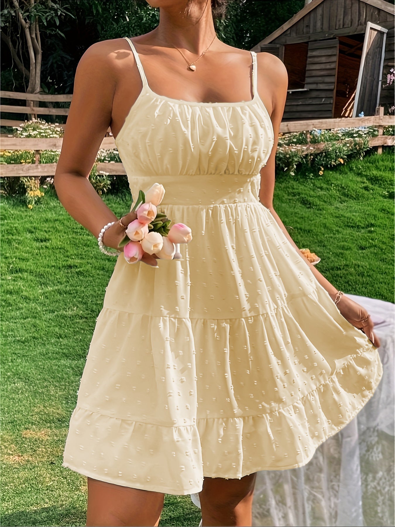 Damen Sommerkleid mit Rüschen und verstellbaren Spaghettiträgern