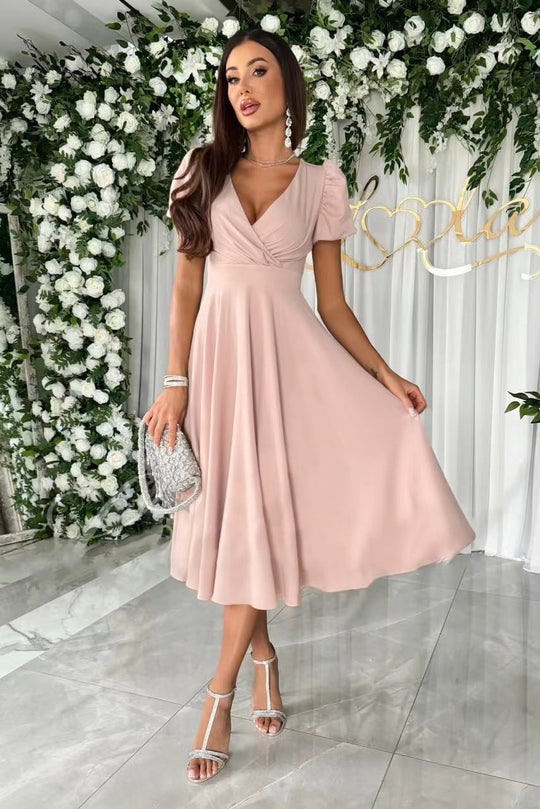 Damen elegantes Midikleid mit Wickeloptik und ausgestelltem Rock