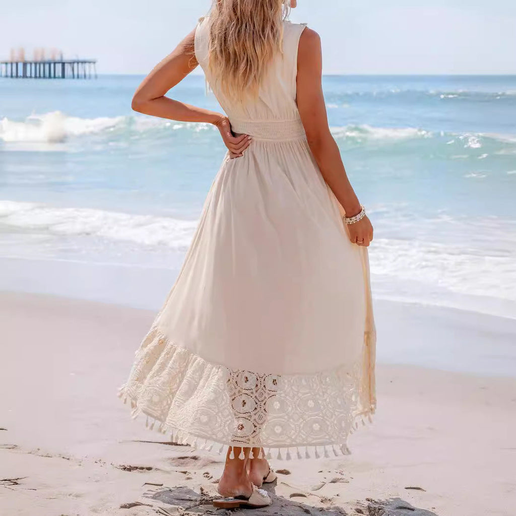Damen Bohemian Maxikleid mit Spitzen- und Rüschendetails Shopnory