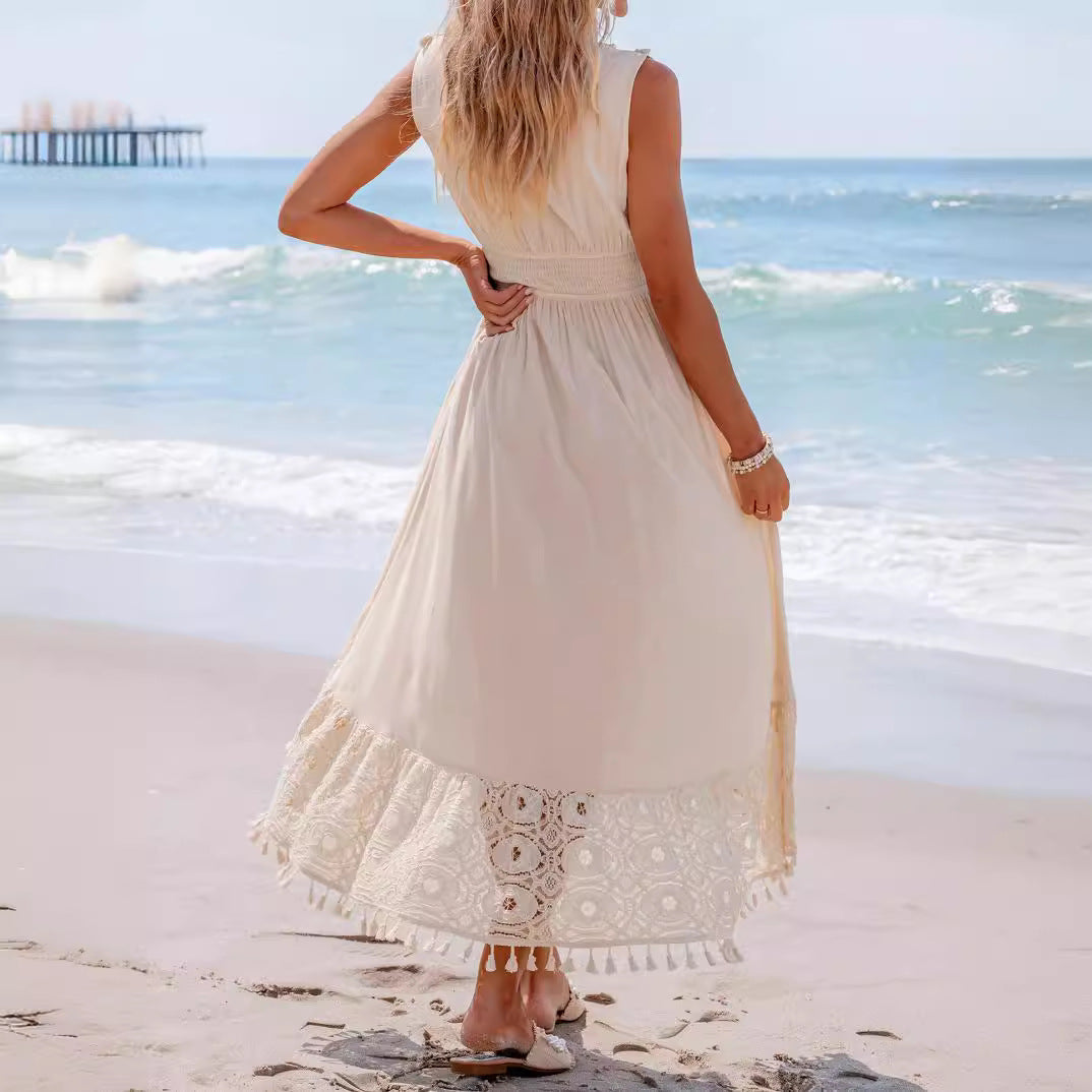 Damen Bohemian Maxikleid mit Spitzen- und Rüschendetails Shopnory