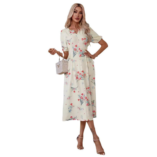 Damen Midikleid mit floralem Print, taillierter Silhouette und Puffärmeln Shop Nory