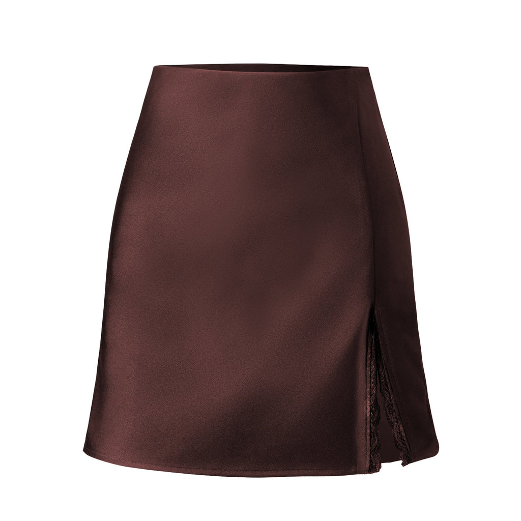 Damen Satin-Rock mit seitlichem Schlitz und Spitzenakzenten