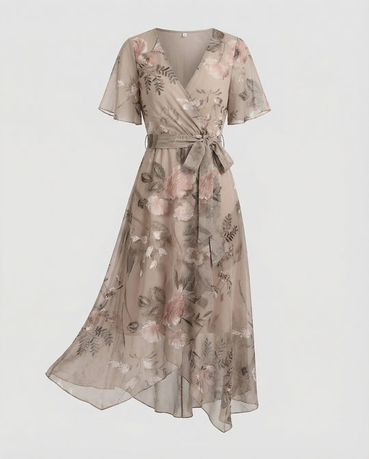 Damen Midikleid Wickelkleid Chiffon