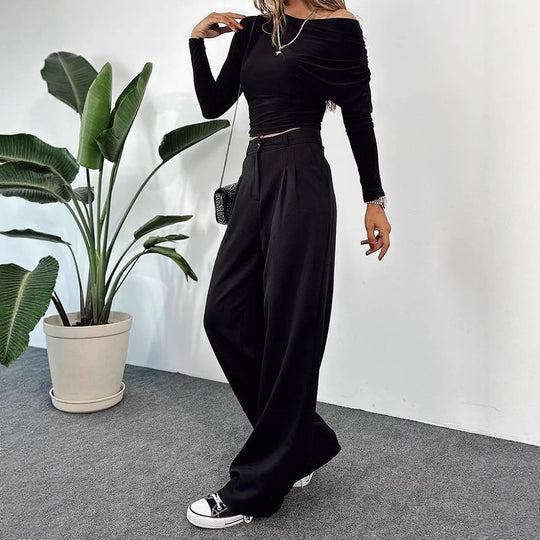 Damen Hochtaillierte weite Plissee-Hose mit weitem Bein Shop Nory