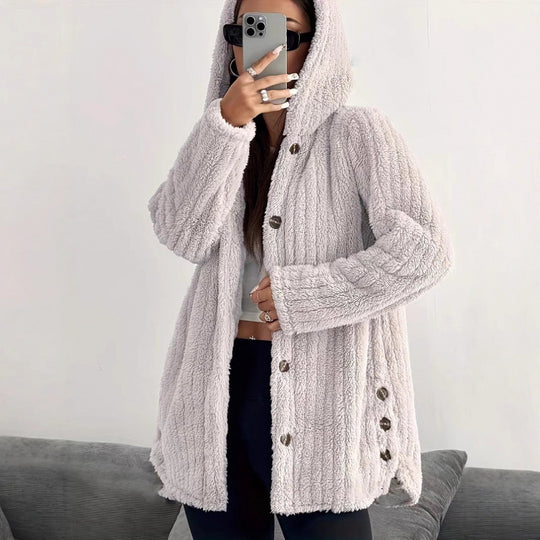 Damen Kapuzen-Teddy-Mantel mit Knopfleiste und Oversize-Schnitt Shop Nory