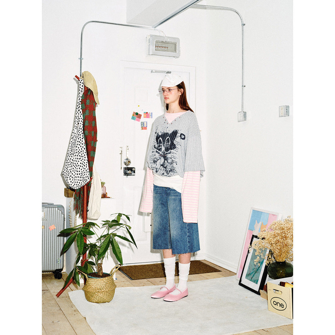 Damen Lagenlook-Longsleeve mit gestreiften Ärmelärmeln und grafischem Statement-Print Shop Nory