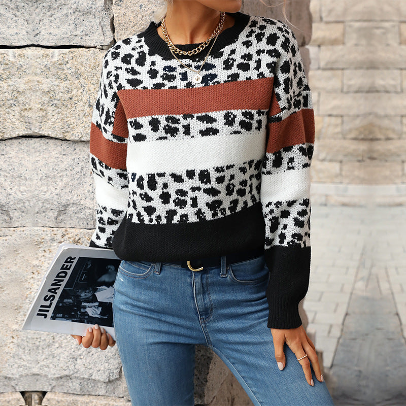 Damen Feinstrickpullover mit Animalprint‑Blockstreifen und geripptem Saum Shop Nory