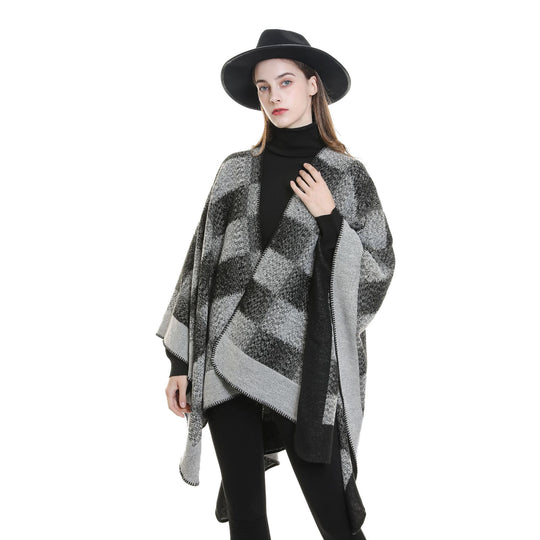 Damen Vielseitiger Wollmix-Überwurf im kastigen Kimono-Fall mit großflächigem Karojacquard Shop Nory