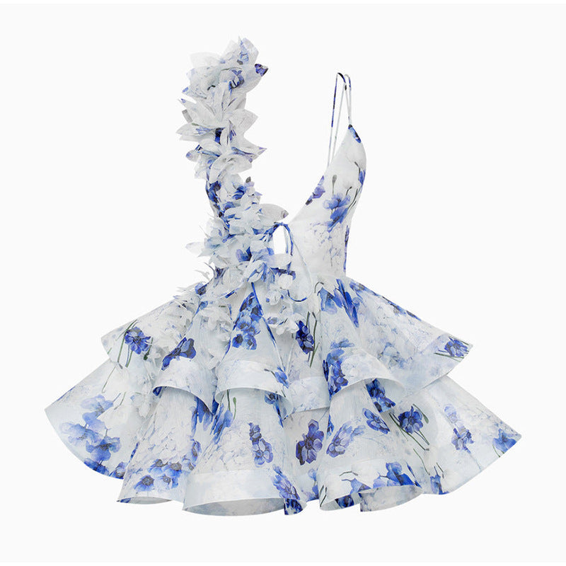 Damen verspieltes Cocktailkleid mit Rüschendesign und Blumenmuster