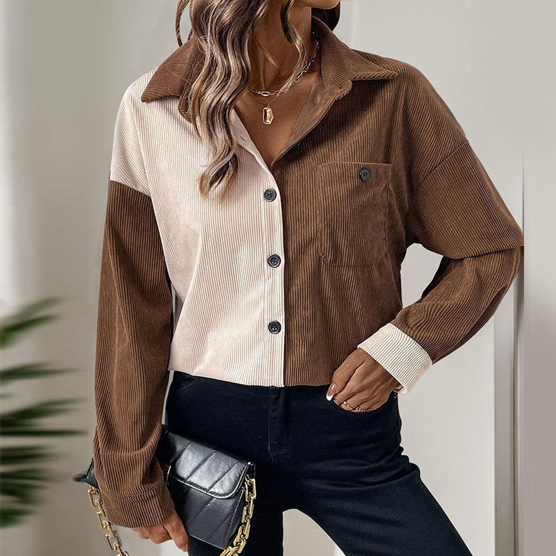 Damen Lässige Cord-Hemdbluse mit asymmetrischer Zweifarb-Optik, Knopfleiste und Brusttasche Shop Nory