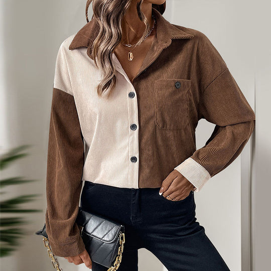 Damen Lässige Cord-Hemdbluse mit asymmetrischer Zweifarb-Optik, Knopfleiste und Brusttasche Shop Nory