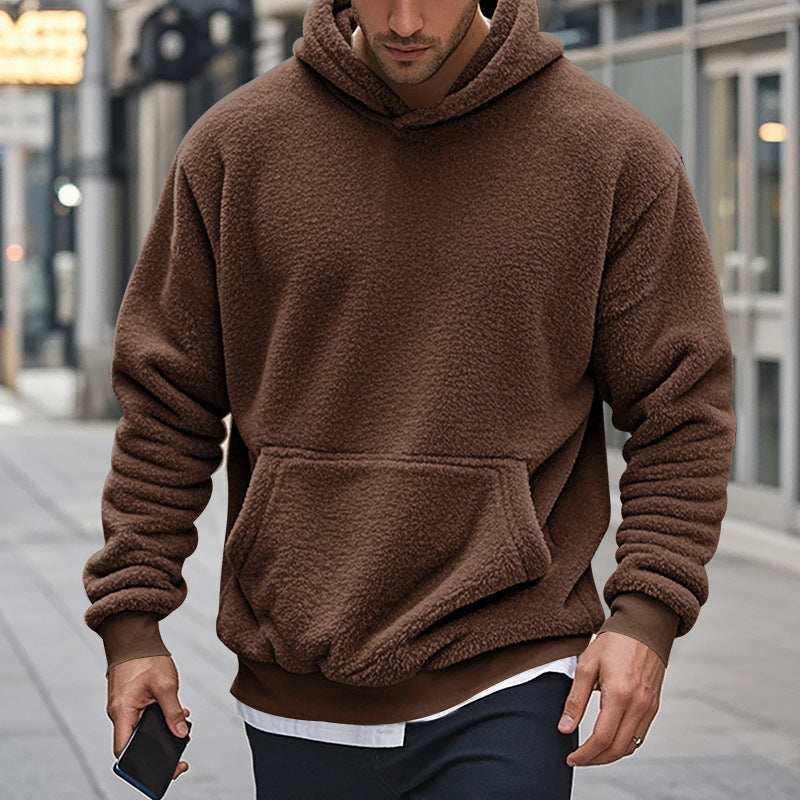 Herren Hoodie aus kuscheligem Teddy-Fleece mit Kängurutasche und breiten Bündchen