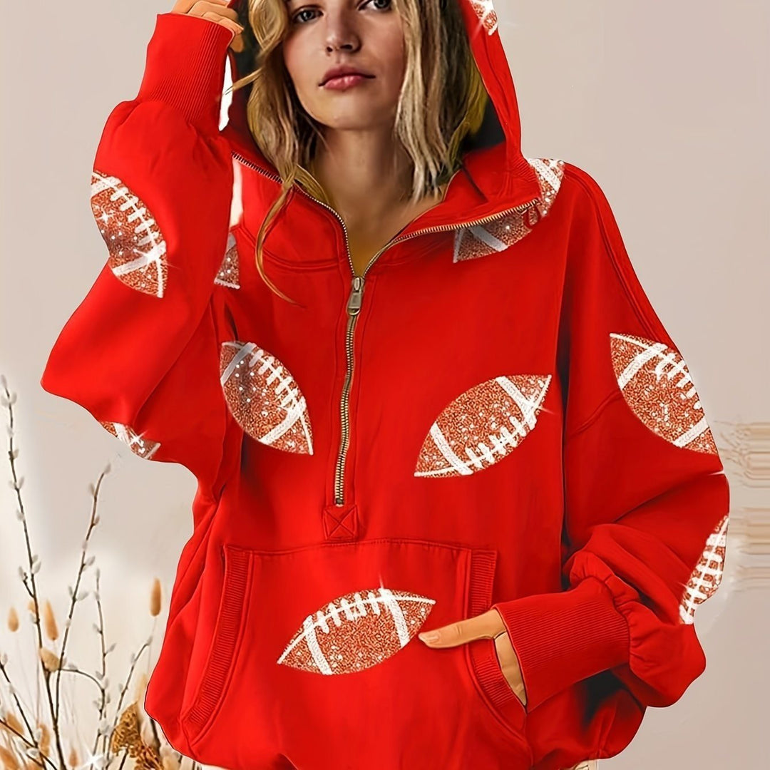 Damen Oversized Kapuzenpullover mit halbem Reißverschluss und Pailletten‑Football-Applikation Shop Nory