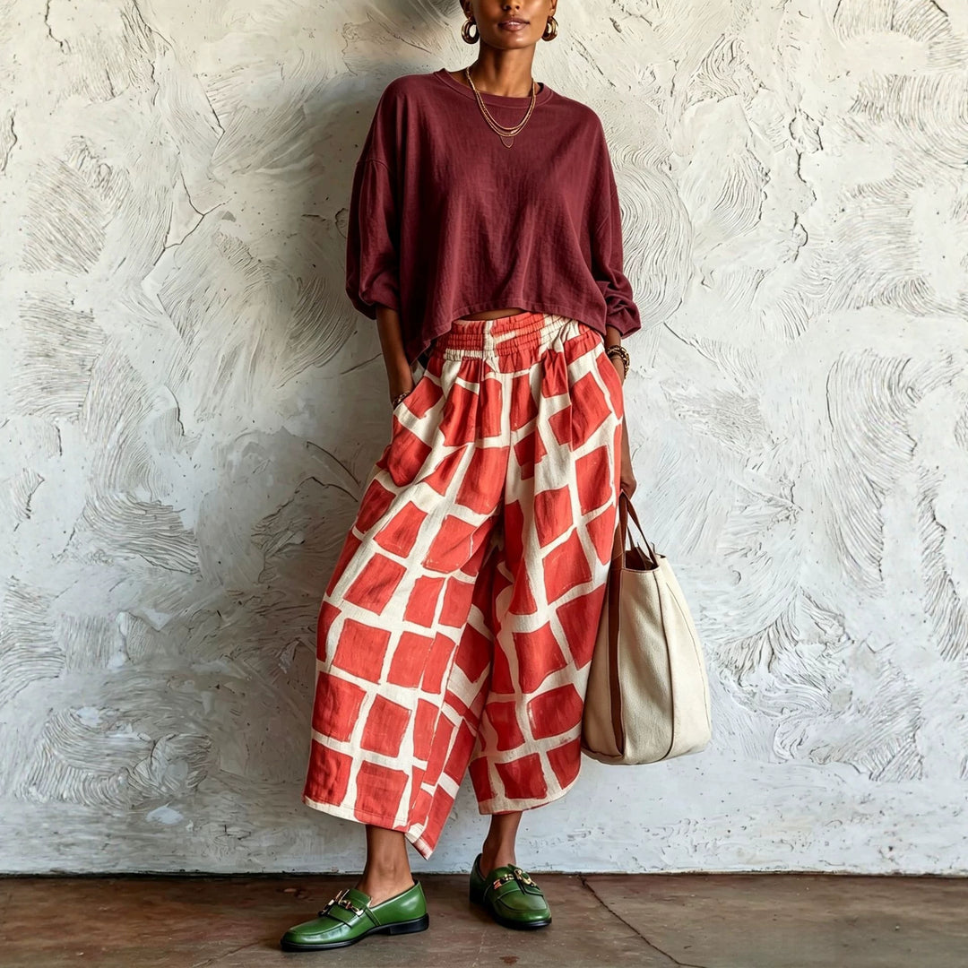 Damen Weite Culotte-Hose aus Leinenmix mit elastischem Bund und grafischem Print Shop Nory