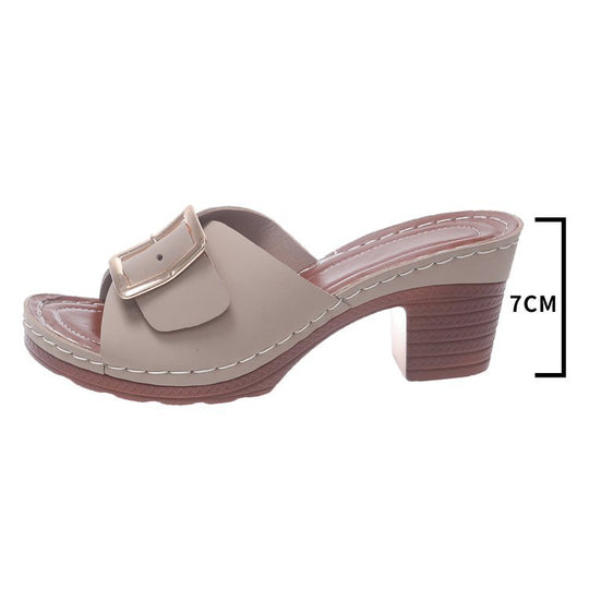 Damen Offene Slip-On Mules mit mittelhohem Blockabsatz und großer Zierschnalle Shop Nory