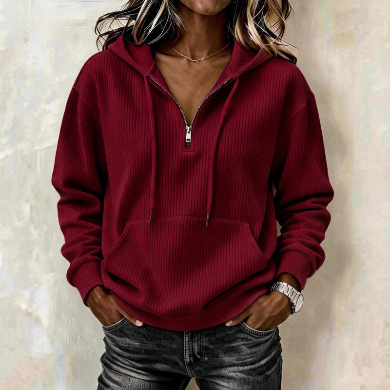 Damen lässiger Oversize Rippstrick-Kapuzenpullover mit halbem Reißverschluss Shop Nory