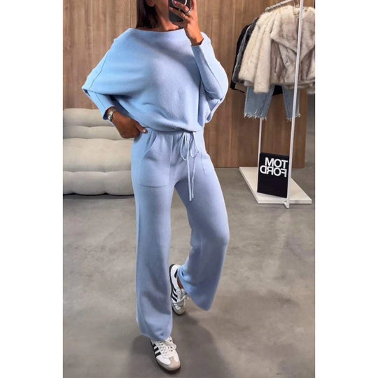 Damen Strick-Loungewear-Set mit Oversize-Schulter, weitem Bein und Kordelzug Shop Nory