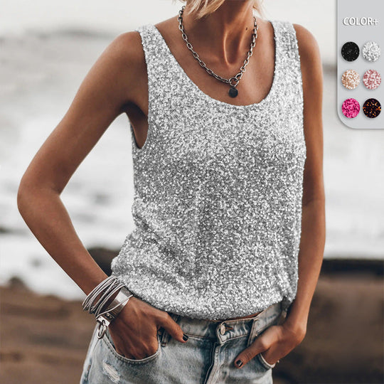 Damen Glitzerndes Top mit tiefem Rundhalsausschnitt und leichter A-Linie