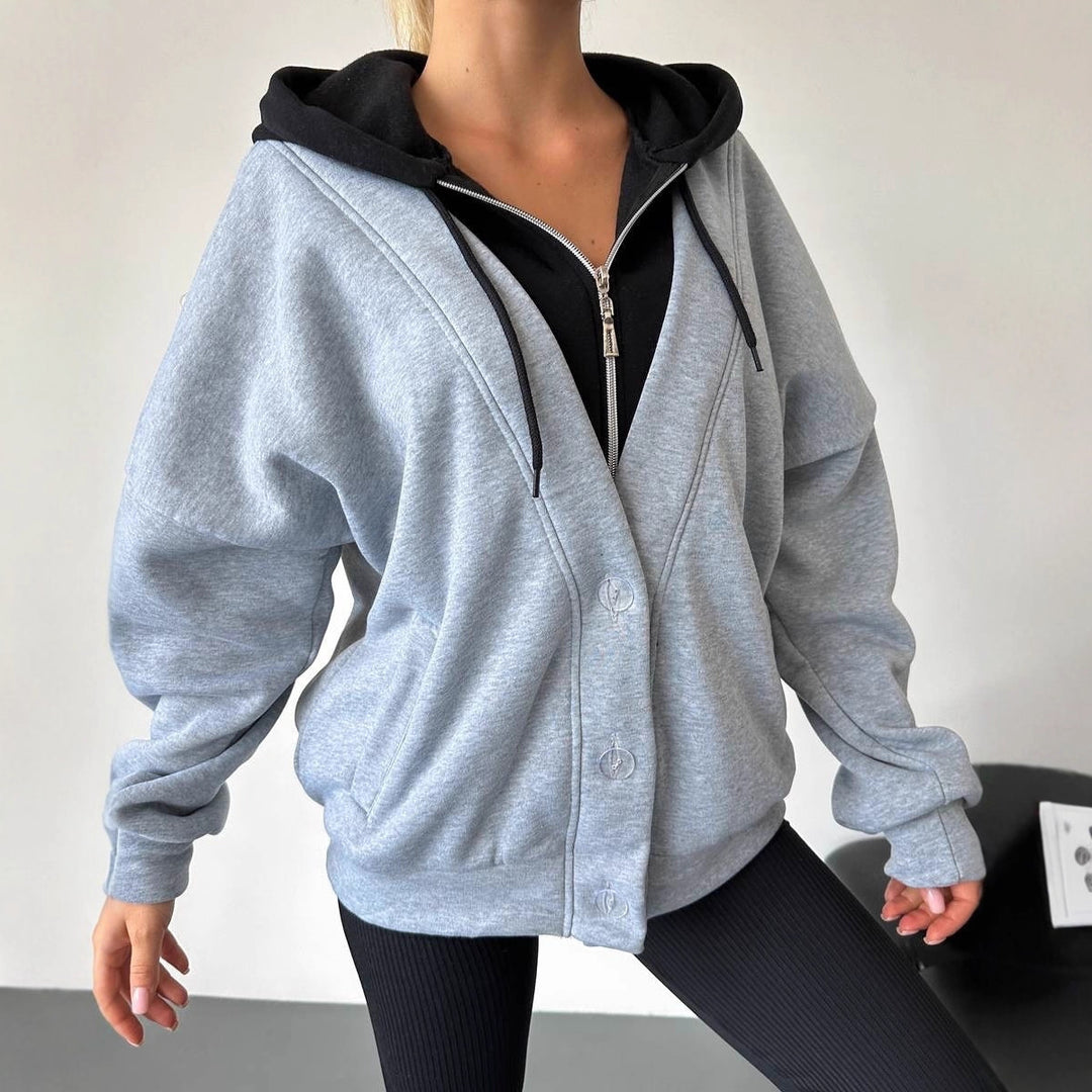 Damen Oversized Kapuzenjacke mit Druckknopfverschluss und Eingrifftaschen Shop Nory
