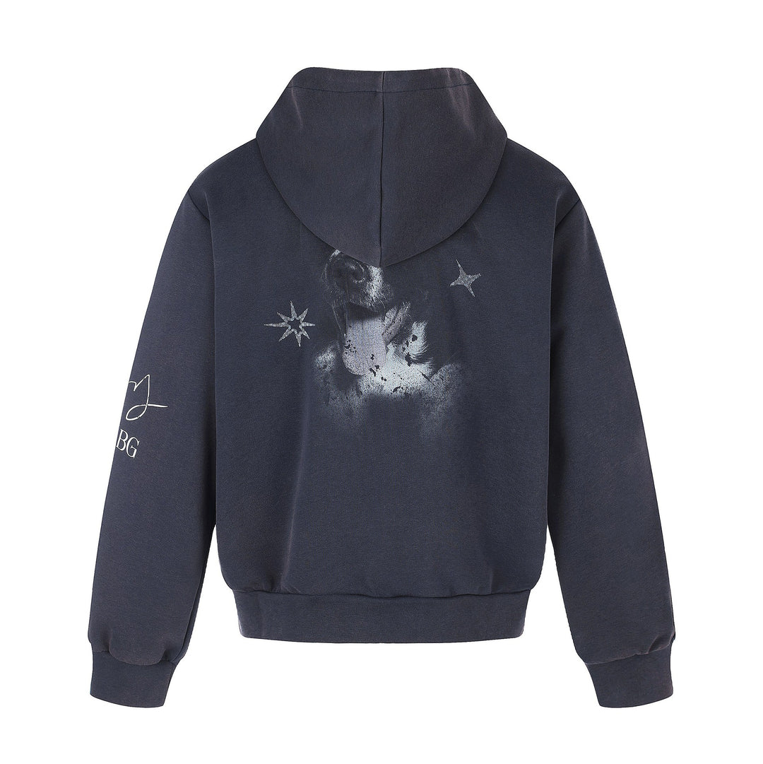 Unisex Kurz geschnittene Kapuzen‑Zipjacke mit grafischem Hundeprint und geripptem Saum Shop Nory