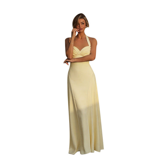 Damen elegantes Maxikleid mit Halter-Ausschnitt und fließendem Satin-Stoff