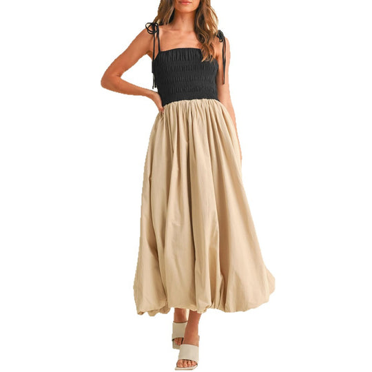 Damen Midikleid mit Smok‑Büste, Bindeträgern und ballonigem Volantrock Shop Nory