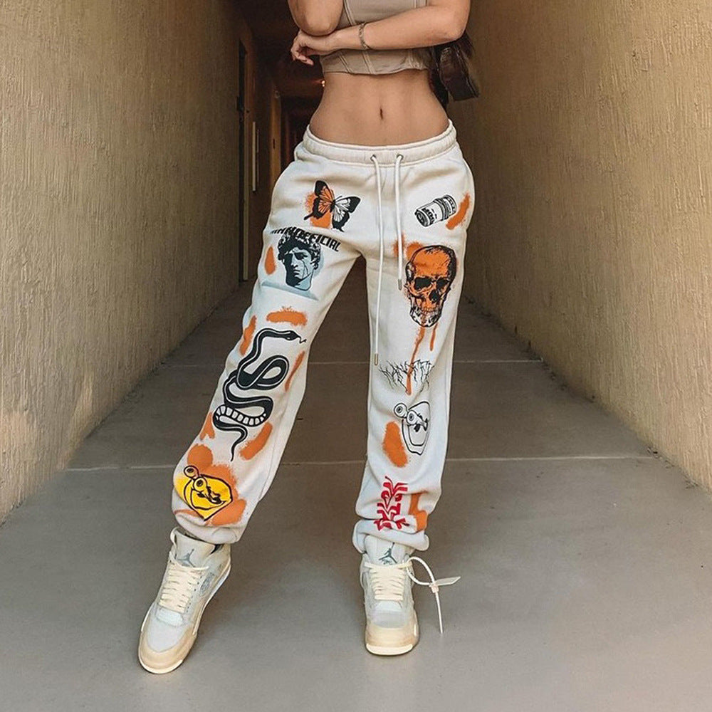 Damen Grafik-Jogginghose mit hohem Bund, Kordelzug und Streetwear-Prints Shop Nory