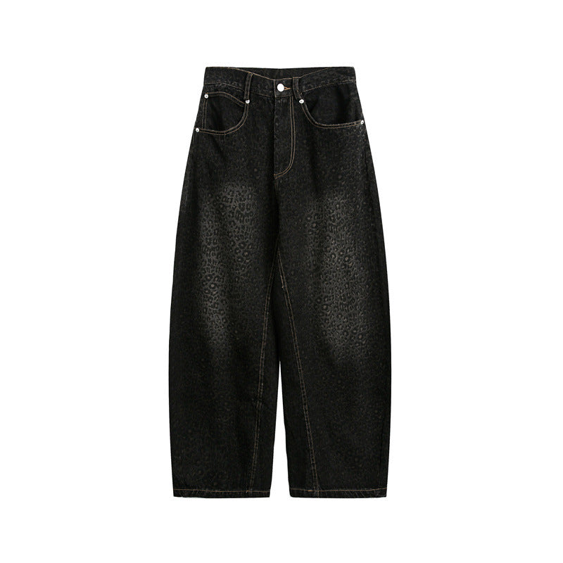 Damen Kurzgeschnittene Weite Jeans mit hoher Taille und Leopardenmuster Shop Nory