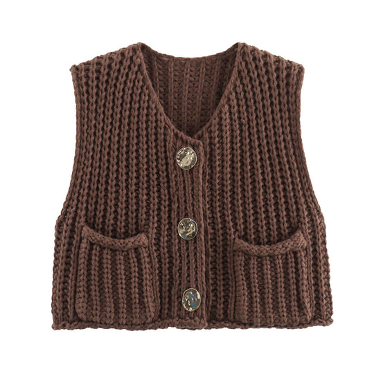 Damen Grobgestrickte Cropped Weste mit V-Ausschnitt und goldenen Zierknöpfen Shop Nory
