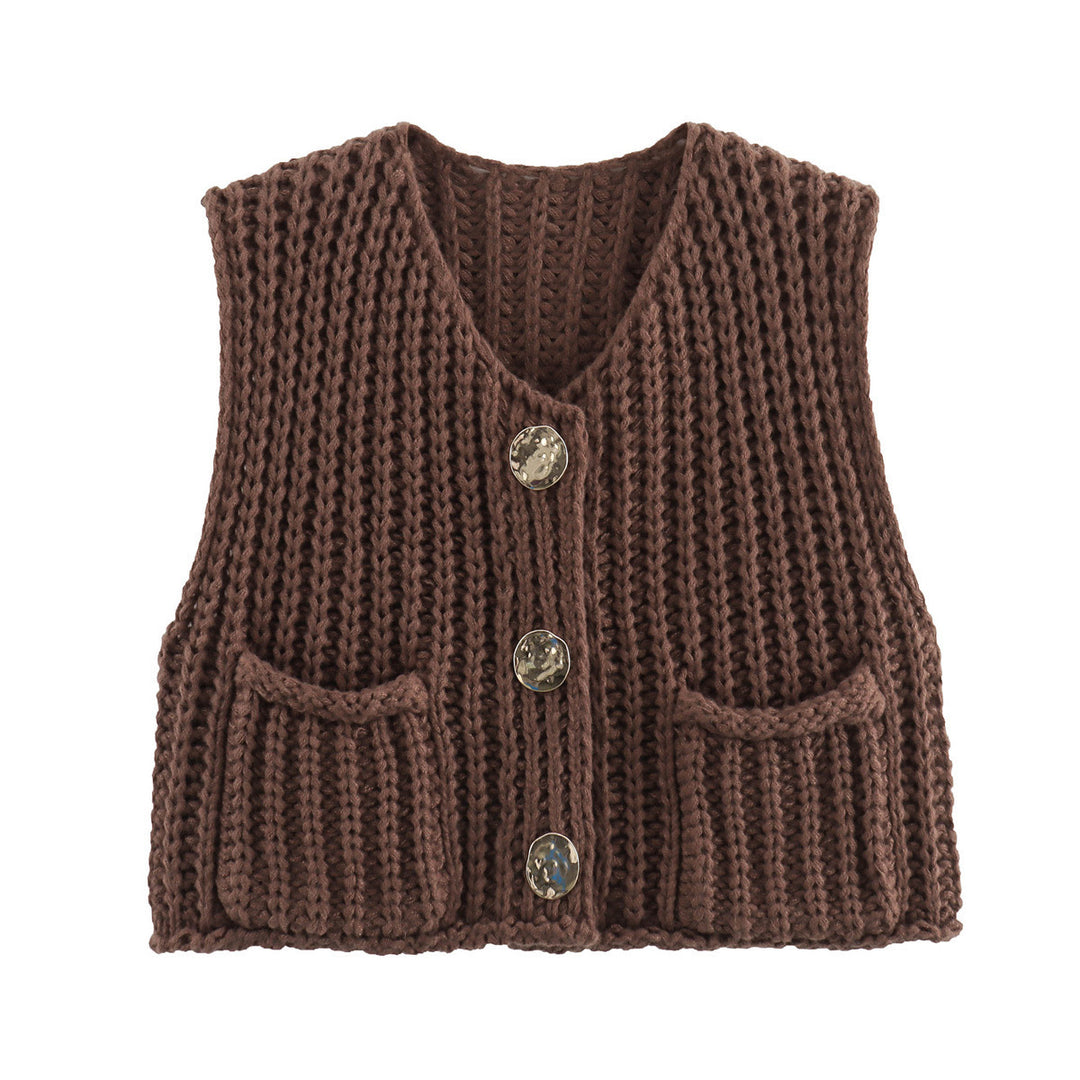 Damen Kurzgeschnittene Ärmellose Strickweste mit V-Ausschnitt und Zierknöpfen Shop Nory